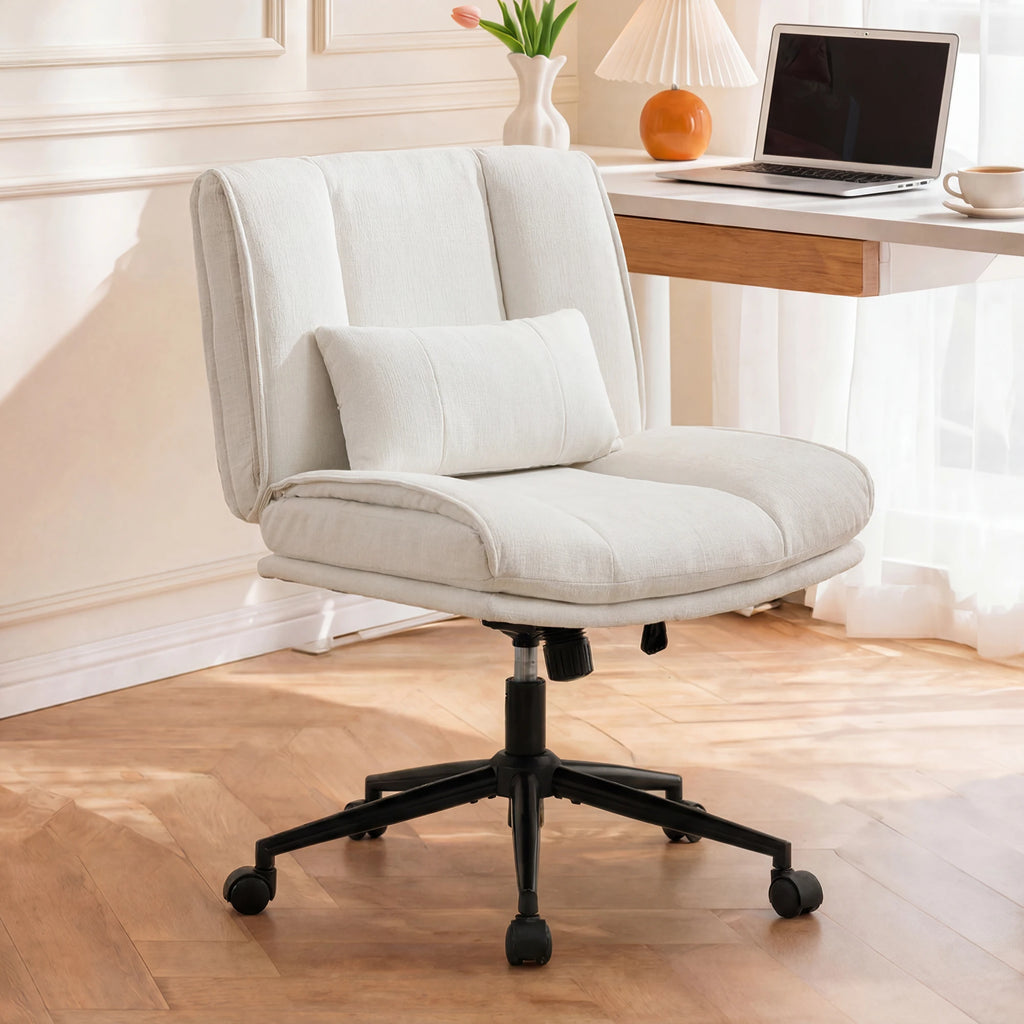 TCGBKAF Armless Criss Cross Office Chair with Wheels PU Khaki 5.5" Double Layers Thickened Seat Cushion and Backrest With Lumbar Pillow Wide Soft Cross Legged Swivel Chair