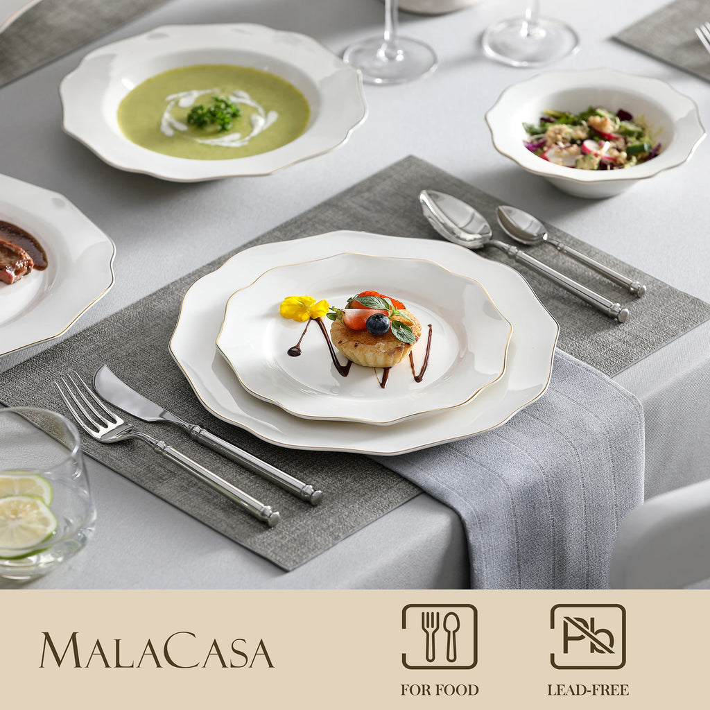 MALACASA 16/32-PIECE Nordic European Golden Rim White Porcelain Tableware Set with Bowl,Dinner&Dessert&Soup Plate Set for 4/8