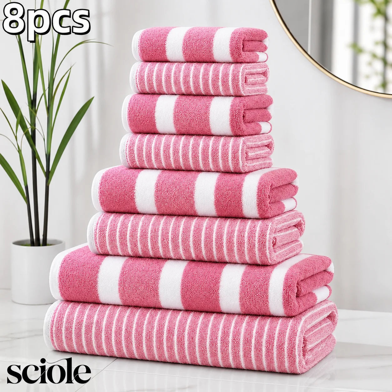 8-Piece Ultra Absorbent Towel Set, Lint-Free & Super Soft Two-Tone Striped Bath Towel Collection, Premium Microfiber Bathroom Towel Set Includes 2 Bath Towels, 2 Face Towels & 4 Hand Towels, Suitable for Bathroom, Spa & Hotel