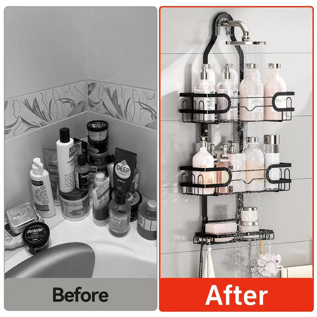3 Tier Hanging Shower Caddy Over Showerhead Rustproof Bathroom Storage Organizer Rack No Drilling Shampoo Holder Shelf with Removable Soap Basket Hooks for Razor Sponge Black Bathroom Accessories Space Saver