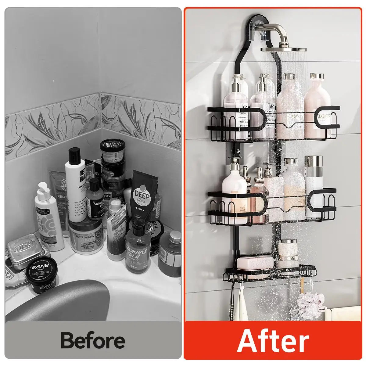 3 Tier Hanging Shower Caddy Over Showerhead Rustproof Bathroom Storage Organizer Rack No Drilling Shampoo Holder Shelf with Removable Soap Basket Hooks for Razor Sponge Black Bathroom Accessories Space Saver