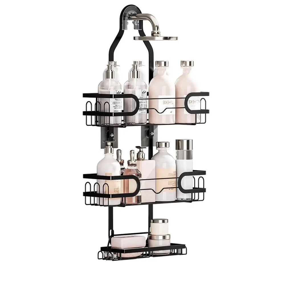 3 Tier Hanging Shower Caddy Over Showerhead Rustproof Bathroom Storage Organizer Rack No Drilling Shampoo Holder Shelf with Removable Soap Basket Hooks for Razor Sponge Black Bathroom Accessories Space Saver