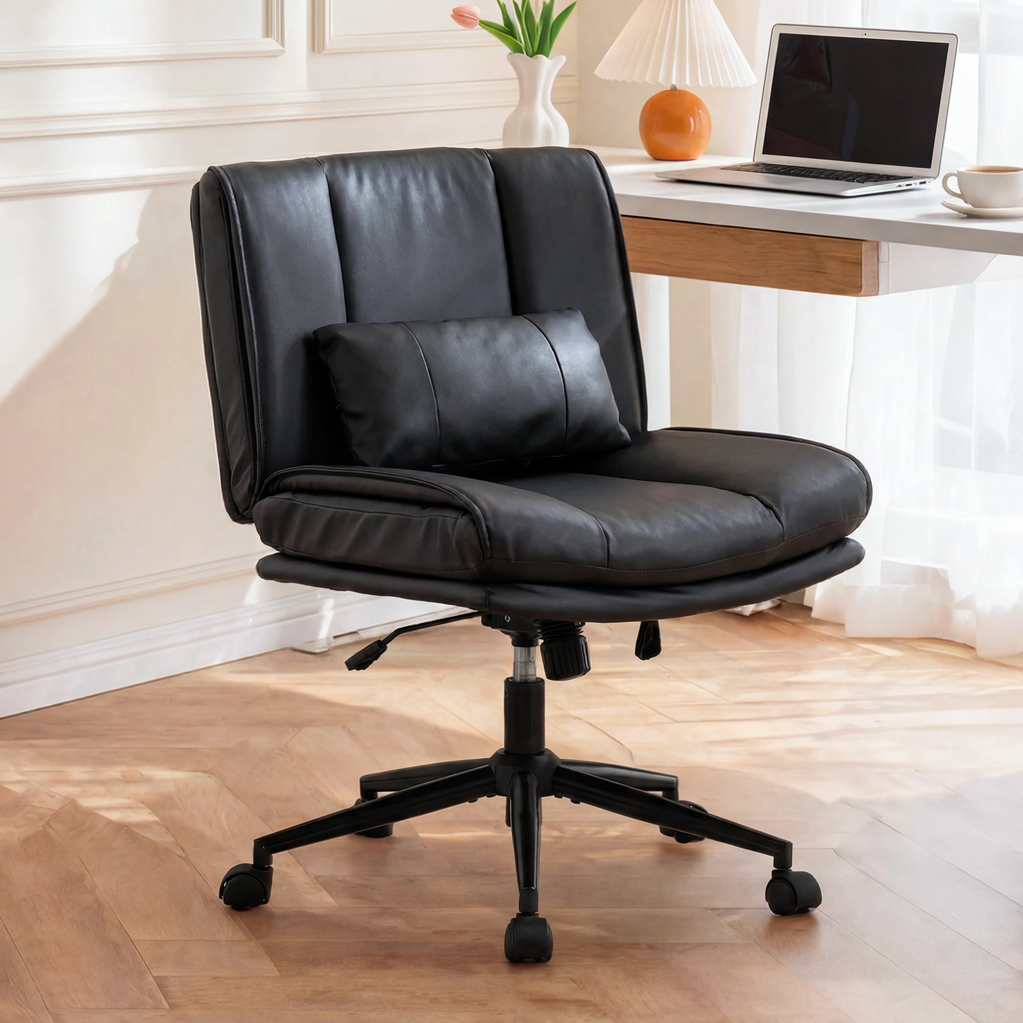 TCGBKAF Armless Criss Cross Office Chair with Wheels PU Khaki 5.5" Double Layers Thickened Seat Cushion and Backrest With Lumbar Pillow Wide Soft Cross Legged Swivel Chair
