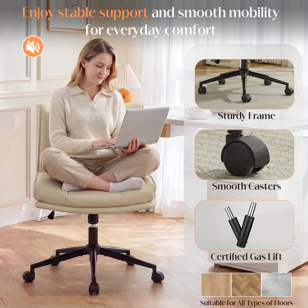 TCGBKAF Armless Criss Cross Office Chair with Wheels PU Khaki 5.5" Double Layers Thickened Seat Cushion and Backrest With Lumbar Pillow Wide Soft Cross Legged Swivel Chair