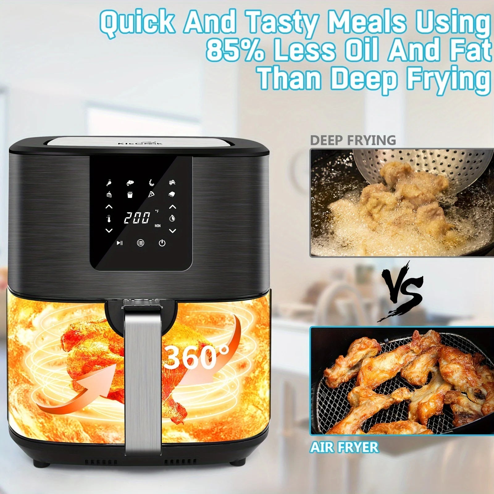 KitCook Large Air Fryer, 1500W 7QT AirFryer Cooker, Adjustable Temperature 100-400°F, 8 Presets Menu, Digital Touch Screen, Nons