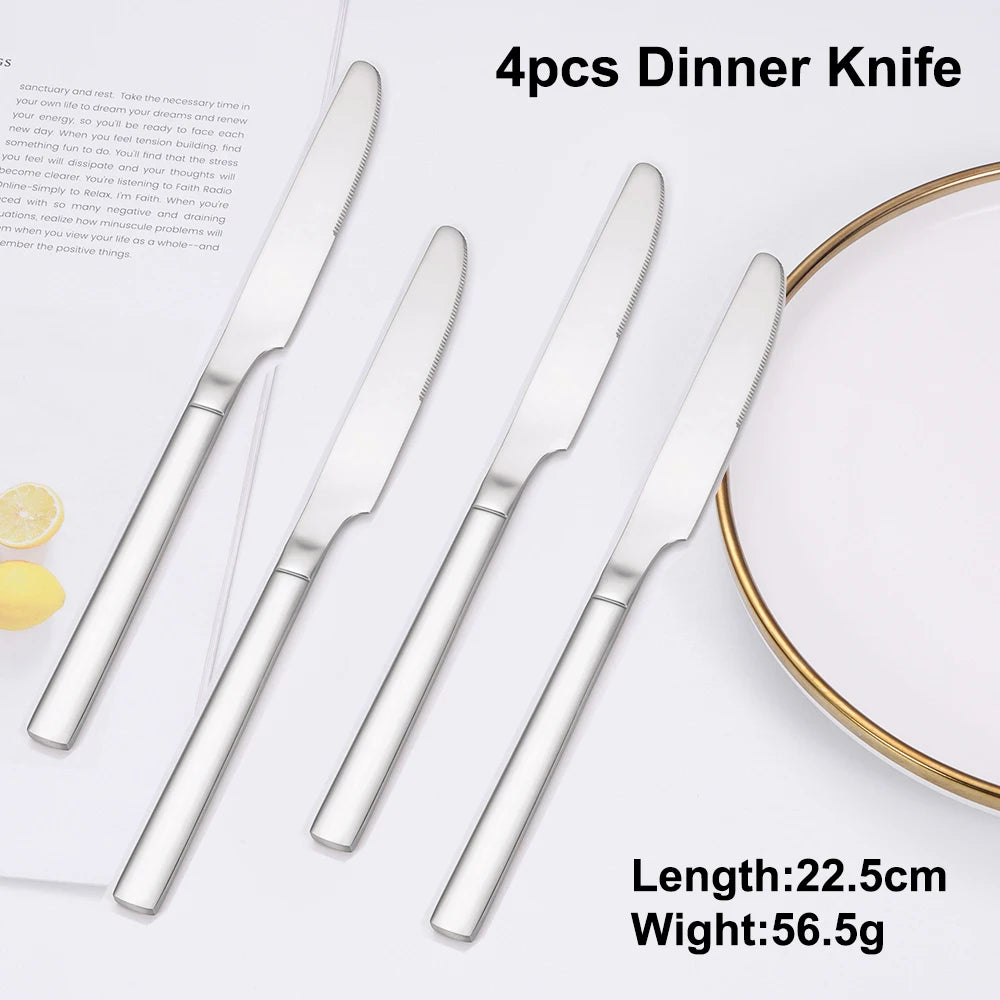 4/6 Piecces Silver Tableware Stainless Steel Cutlery Mirror Elegant Dinner Set Thin Knife Fork Spoon Flatware Sliverware