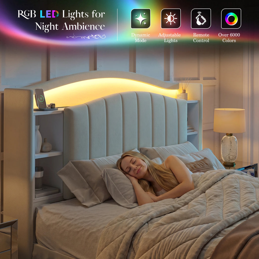 EnHomee Bed Frame with Bookcase Headboard & Hidden-Cubby Platform Bed Frame with Bed Skirt Design, LED Lights & Charging Station, 14-Inch Under Bed Storage, Noise-Free