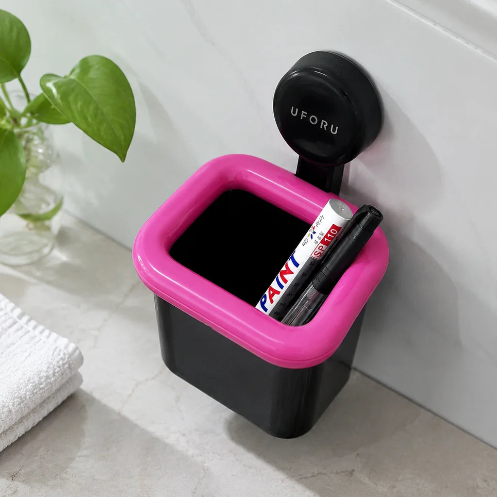 Punch‑Free Suction Cup Wall Mount Storage Holder, Wall Hanging Mini Organizer Cup for Makeup Brushes Toothbrush Small Sundries, Removable Suction Storage Bin for Bathroom Vanity Kitchen