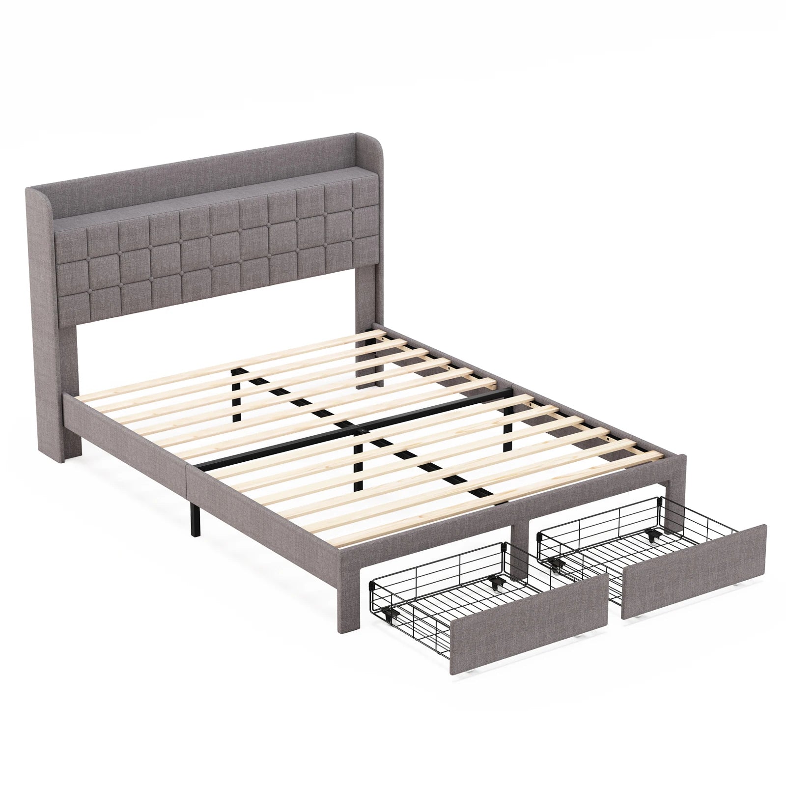 MCQ Full Queen Size Bed Frame with Headboard Sturdy Wooden Slats Support Upholstere Platform Bedframe with 2 Fabric Underbed Storage Drawers No Box Spring Needed For Home Bedroom